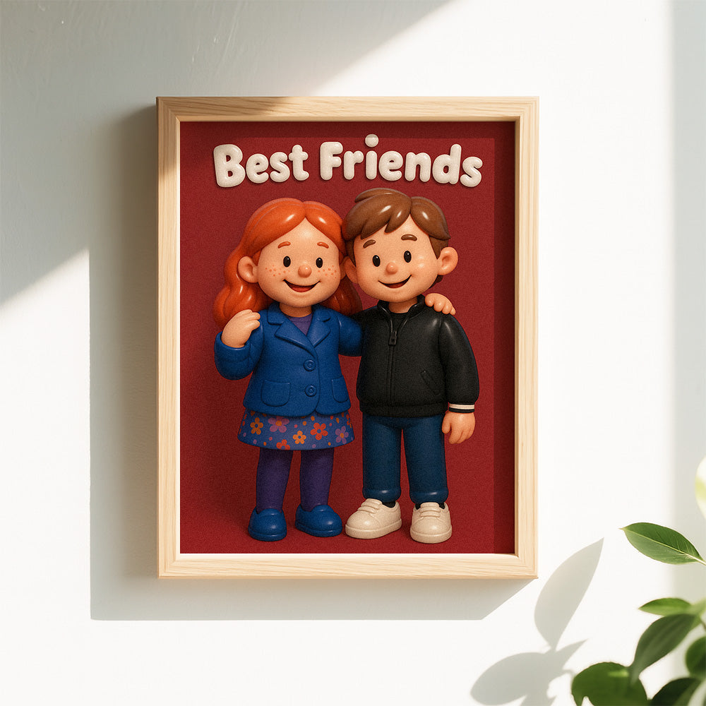Framed artwork of two cartoon characters with 'Best Friends' text on a red background