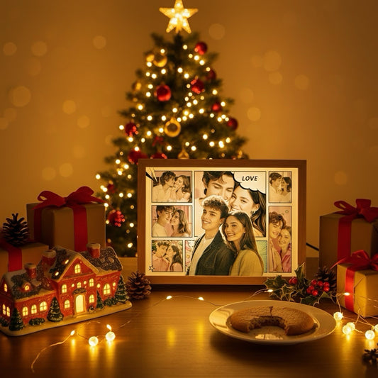 Collage of people in a photo frame on a table with a Christmas tree in the background