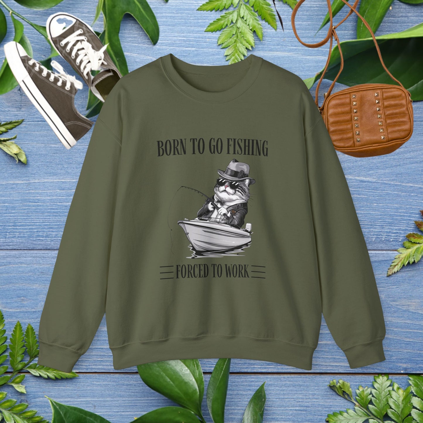 Born To Go Fishing Crewneck Sweatshirt, Cat Lover Fishing Lover Sweatshirt - furevermama