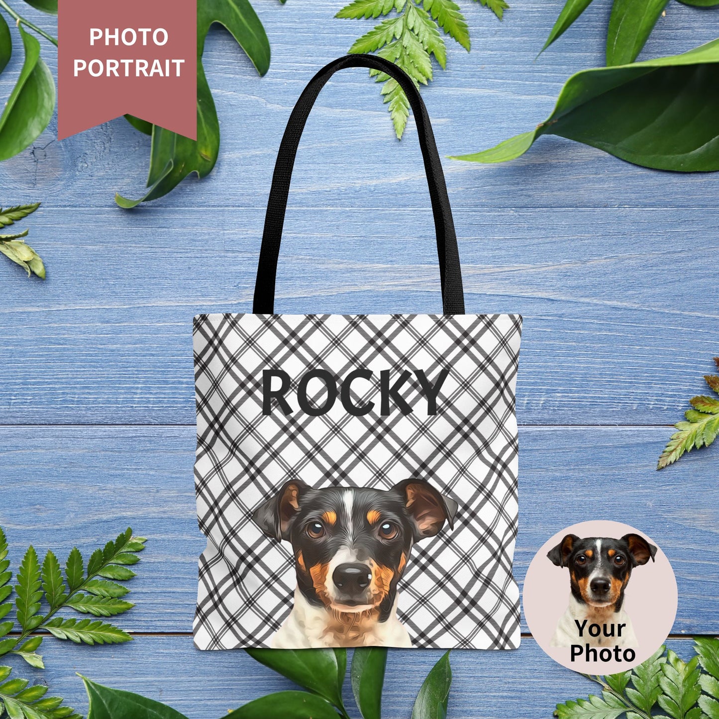 Custom Pet Portrait Checked Tote Bag - furevermama