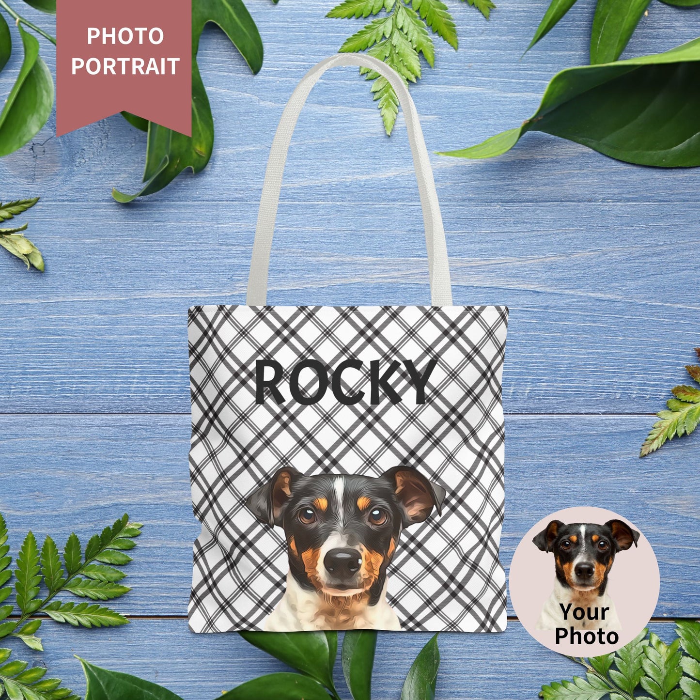 Custom Pet Portrait Checked Tote Bag - furevermama
