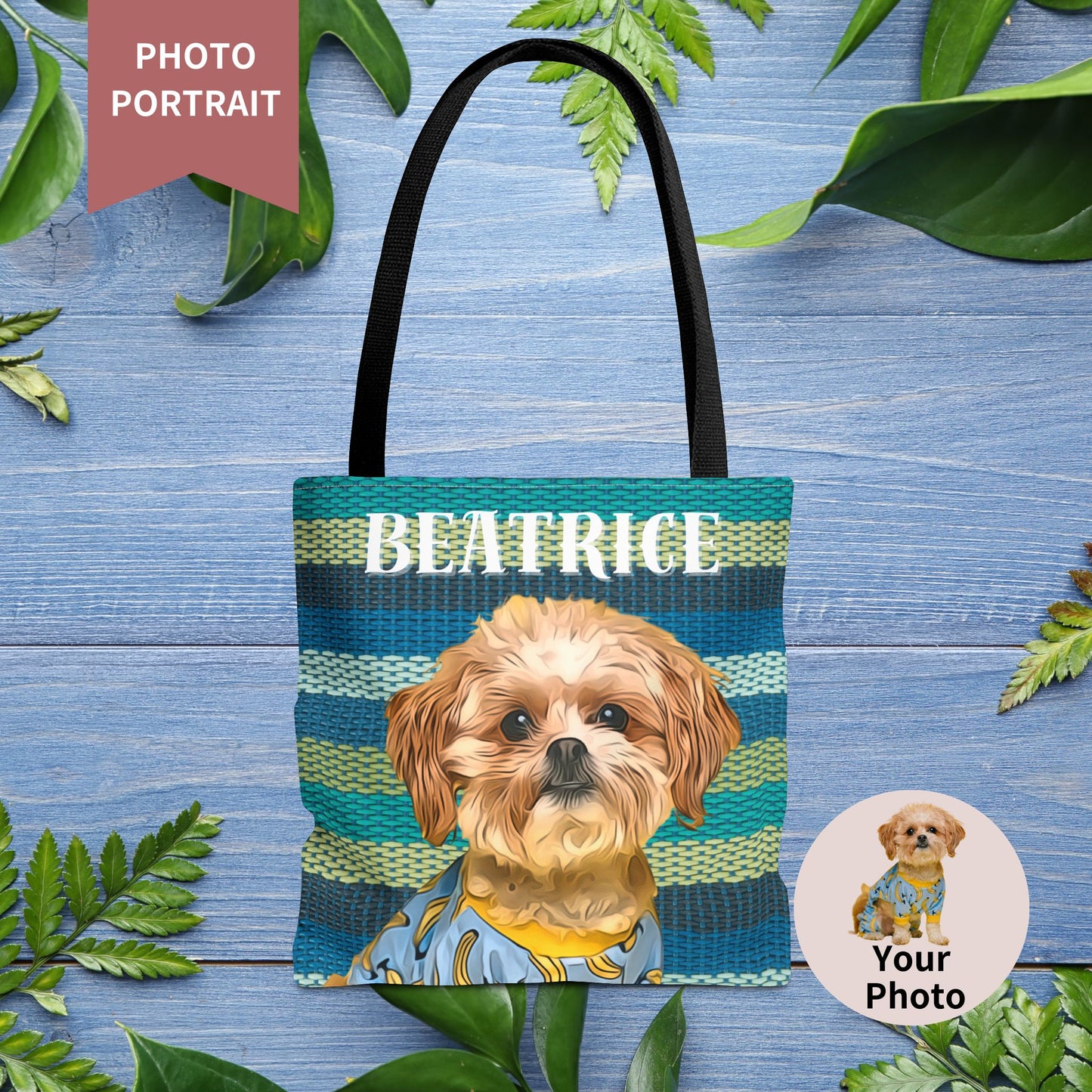Custom Pet Portrait Tote Bag (Green Stripes Style) - furevermama