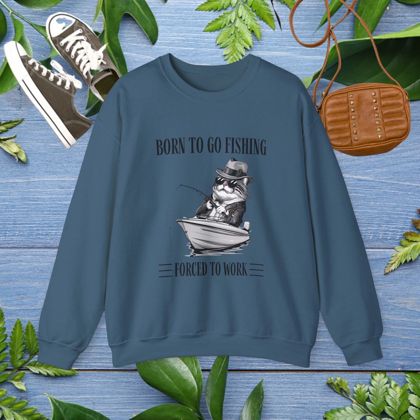 Born To Go Fishing Crewneck Sweatshirt, Cat Lover Fishing Lover Sweatshirt - furevermama