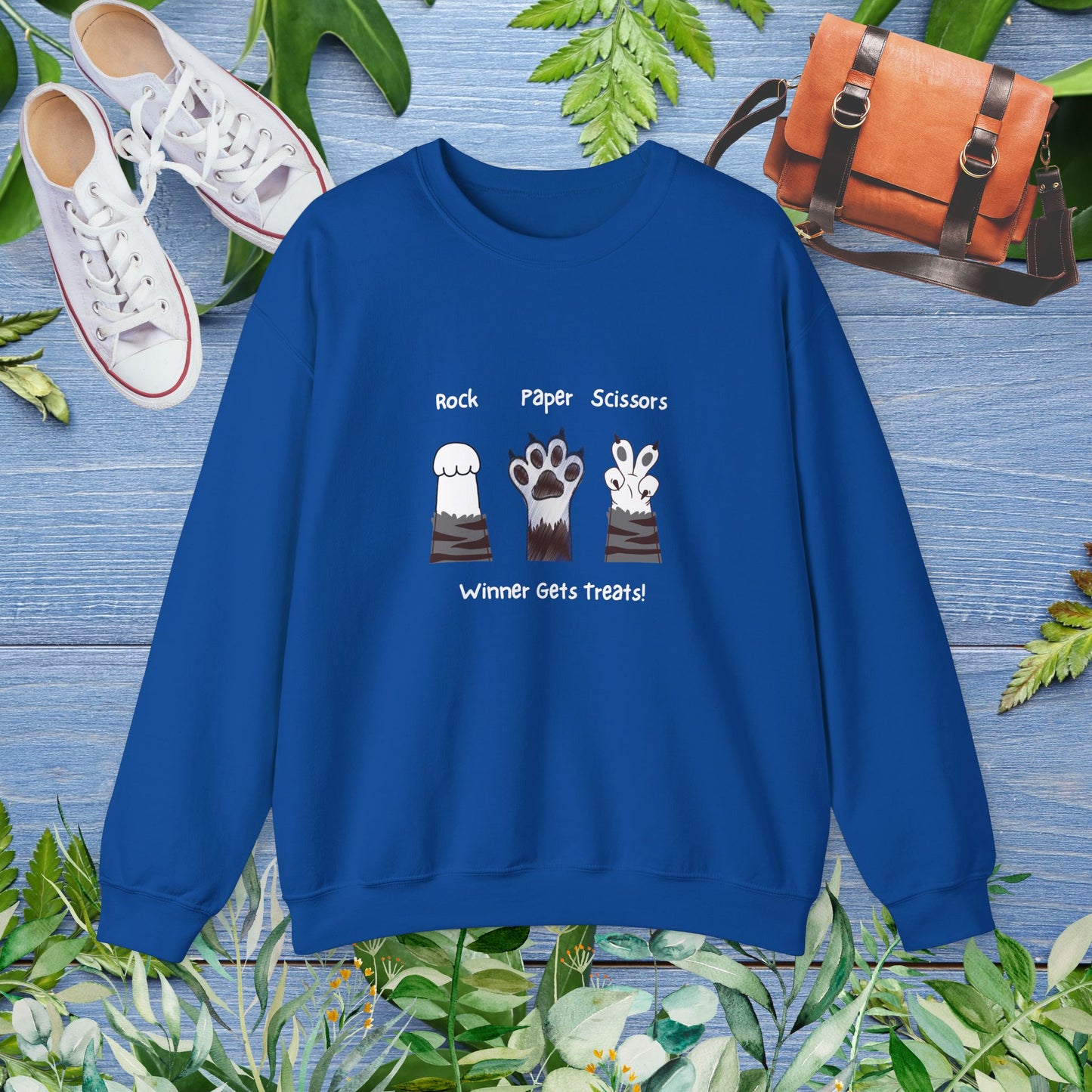 Crewneck Sweatshirt with Paw Graphics 'Paper, Rock, and Scissors' - furevermama