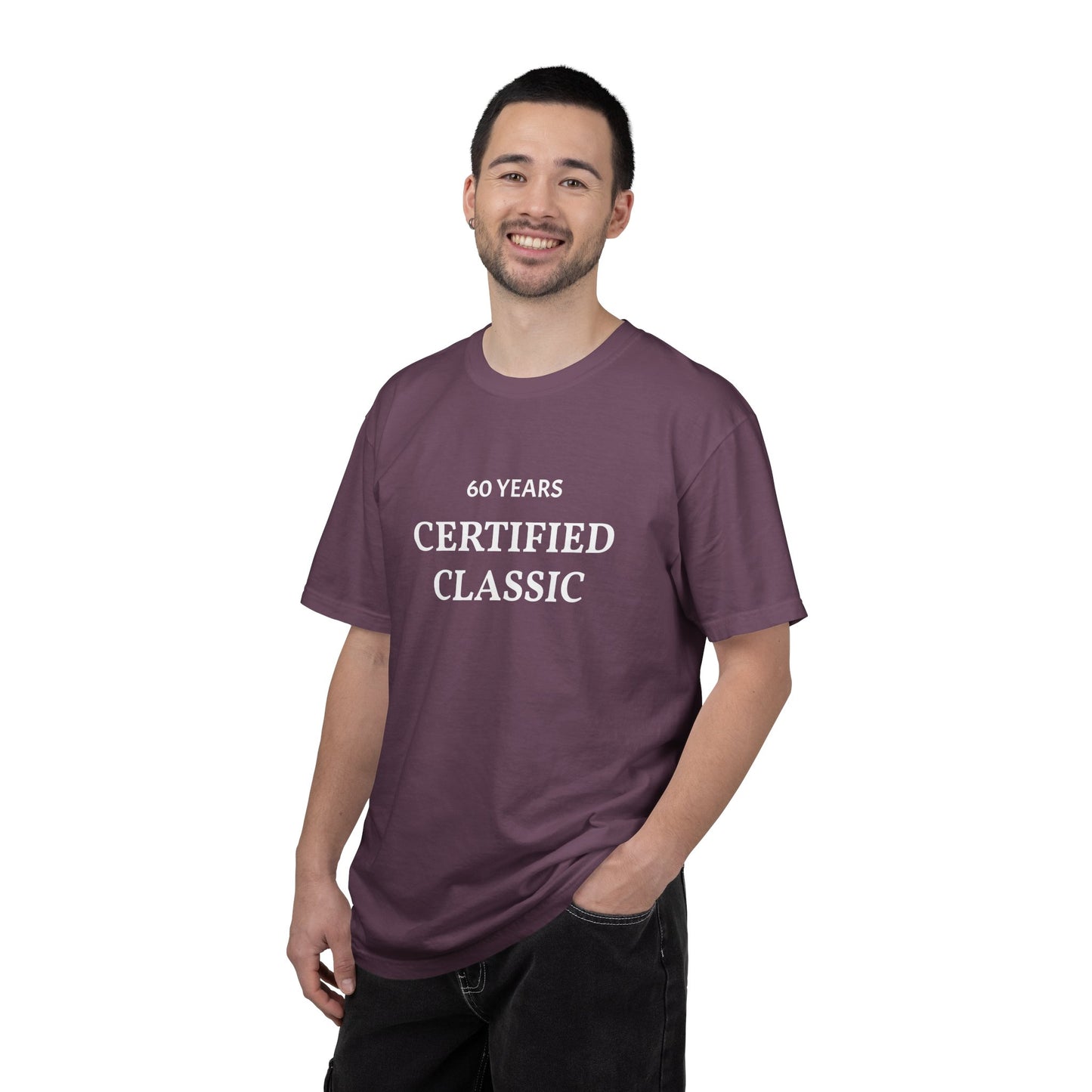 Man wearing a purple t-shirt with '60 Years Certified Classic' text on a white background