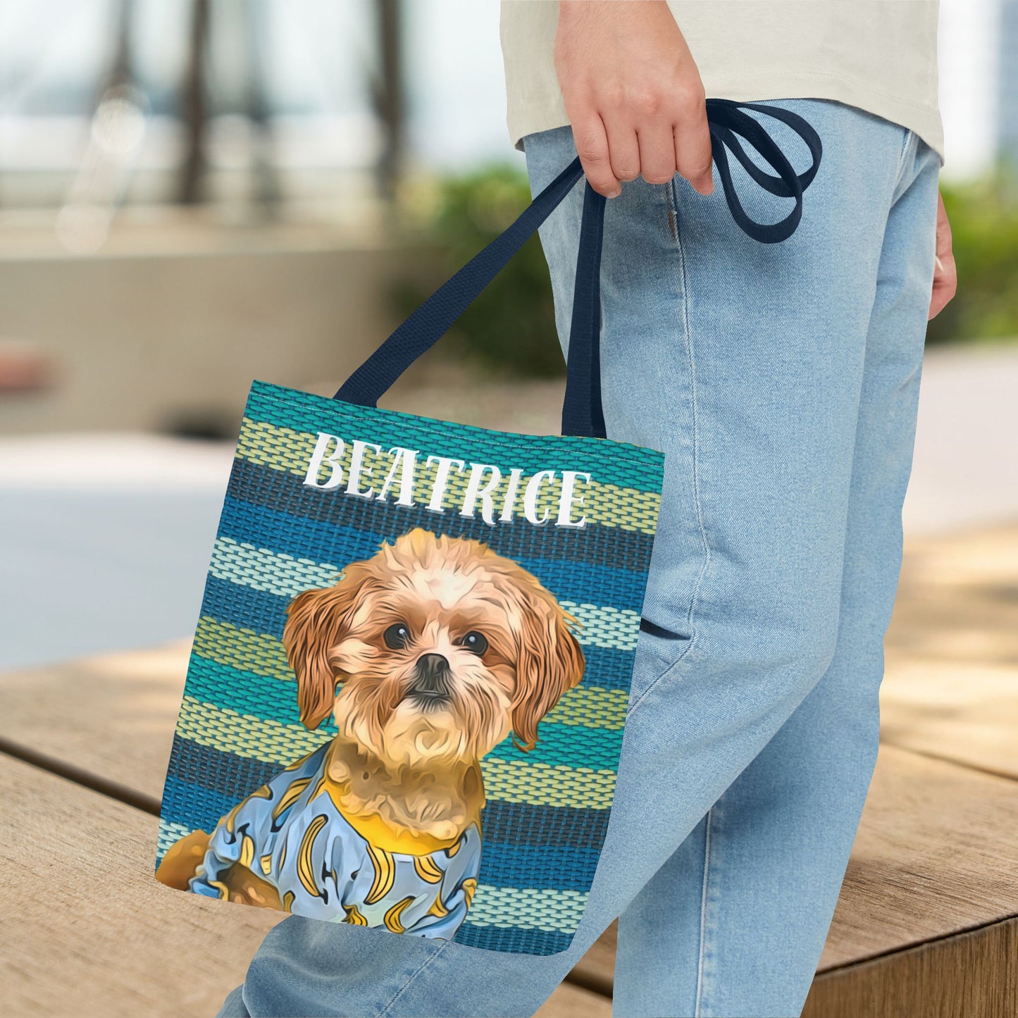 Custom Pet Portrait Tote Bag (Green Stripes Style) - furevermama