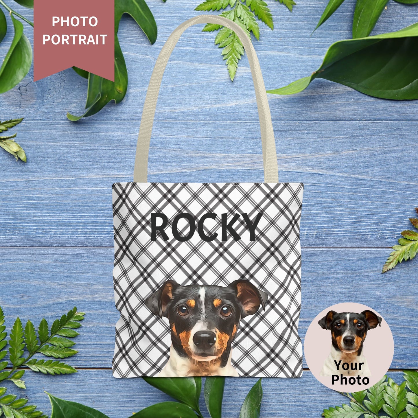 Custom Pet Portrait Checked Tote Bag - furevermama