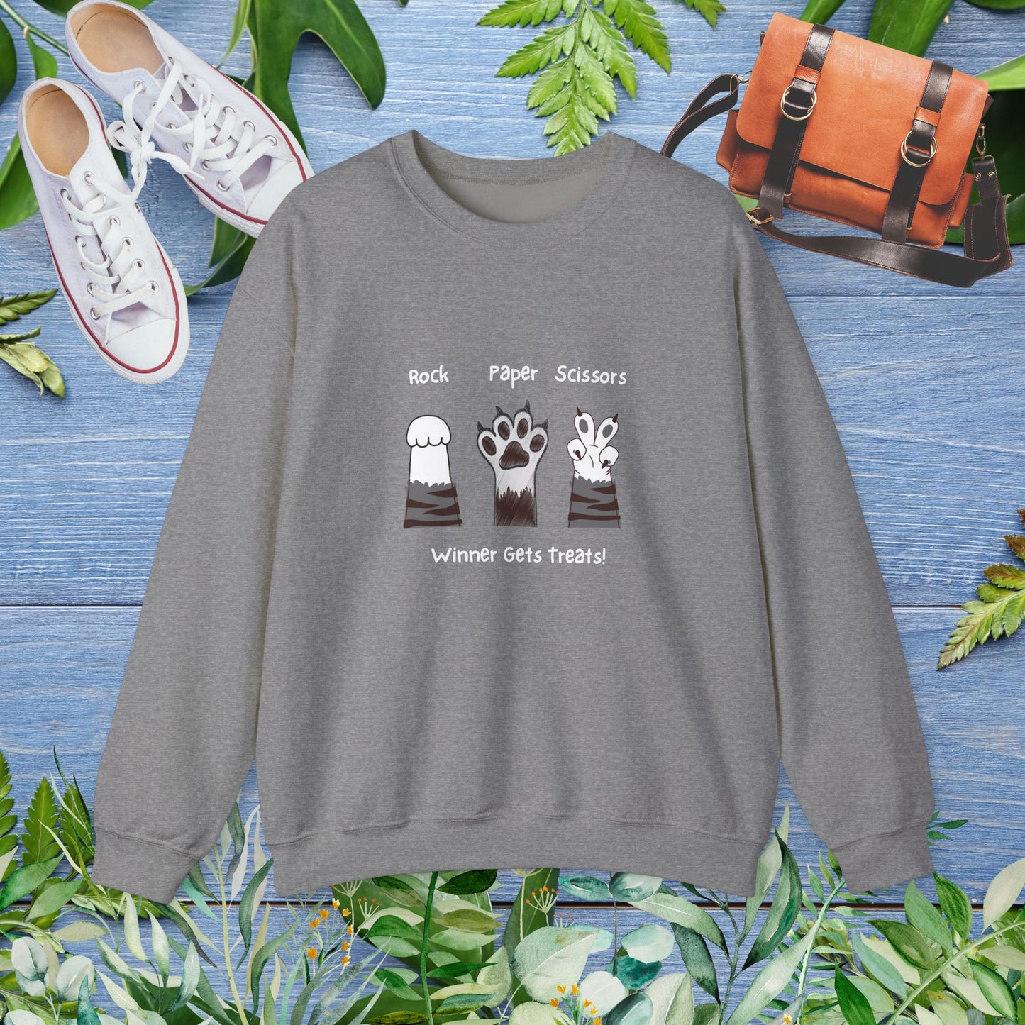 Crewneck Sweatshirt with Paw Graphics 'Paper, Rock, and Scissors' - furevermama