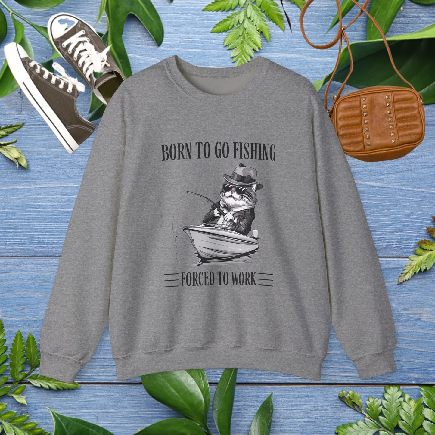 Born To Go Fishing Crewneck Sweatshirt, Cat Lover Fishing Lover Sweatshirt - furevermama