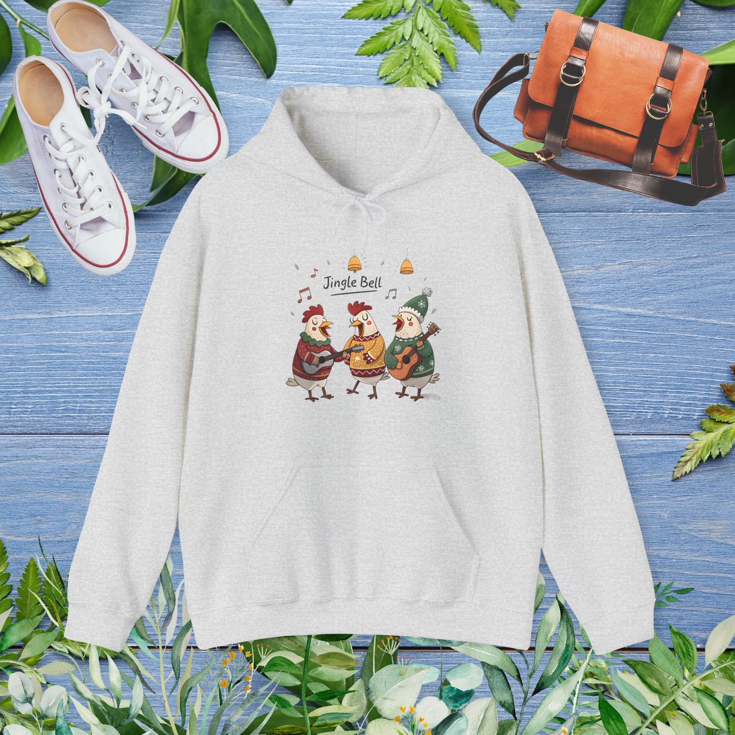 Hoodie with Three Hens Playing Guitars Saying Jingle Bell - furevermama