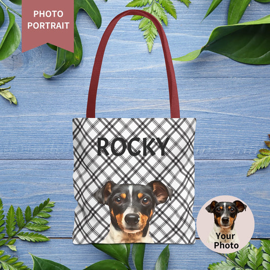 Custom Pet Portrait Checked Tote Bag - furevermama