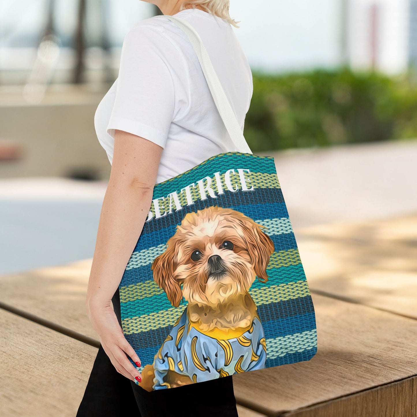 Custom Pet Portrait Tote Bag (Green Stripes Style) - furevermama
