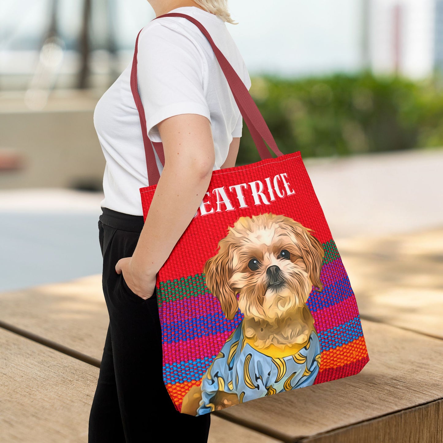 Custom Pet Portrait Tote Bag (Red Stripes Style) - furevermama