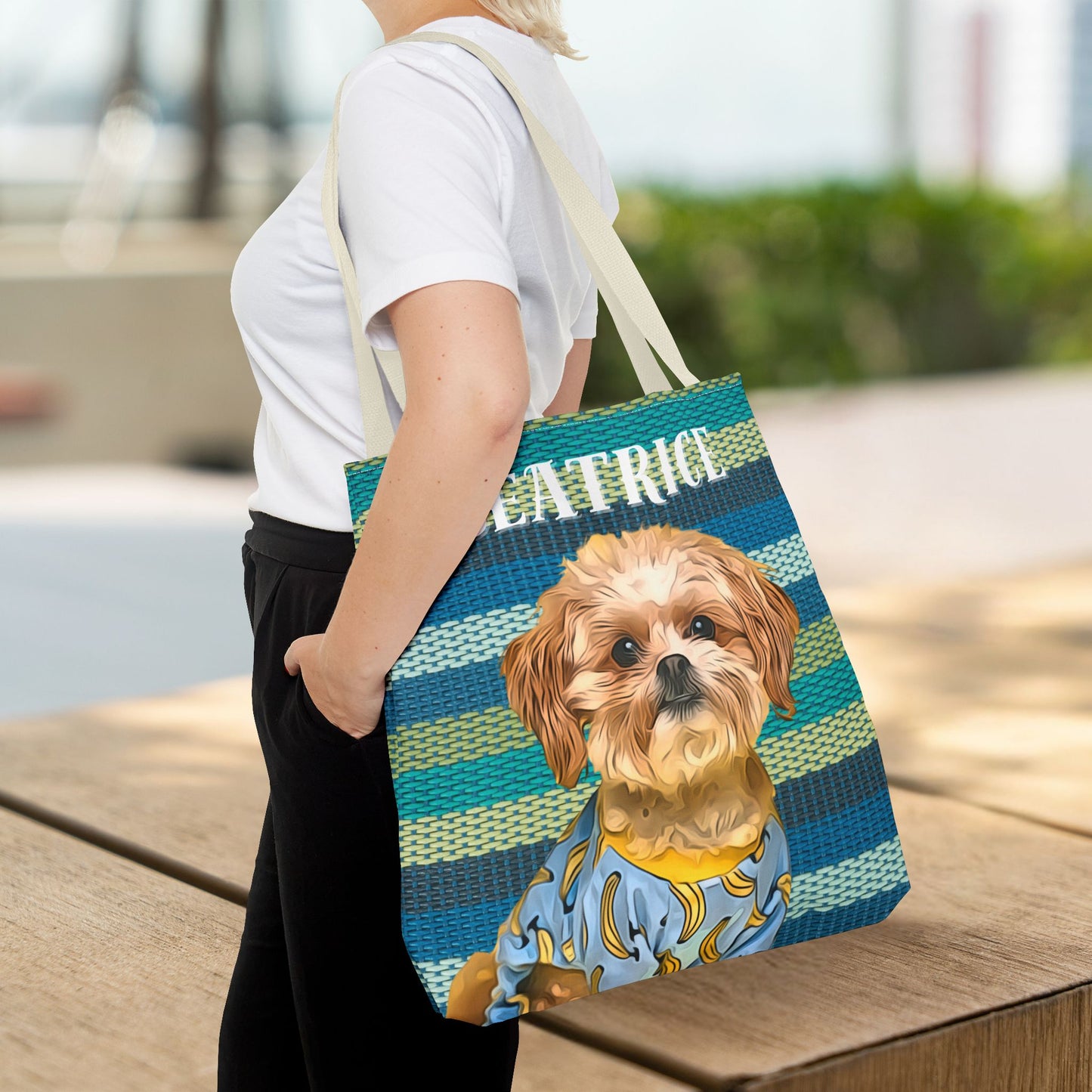 Custom Pet Portrait Tote Bag (Green Stripes Style) - furevermama