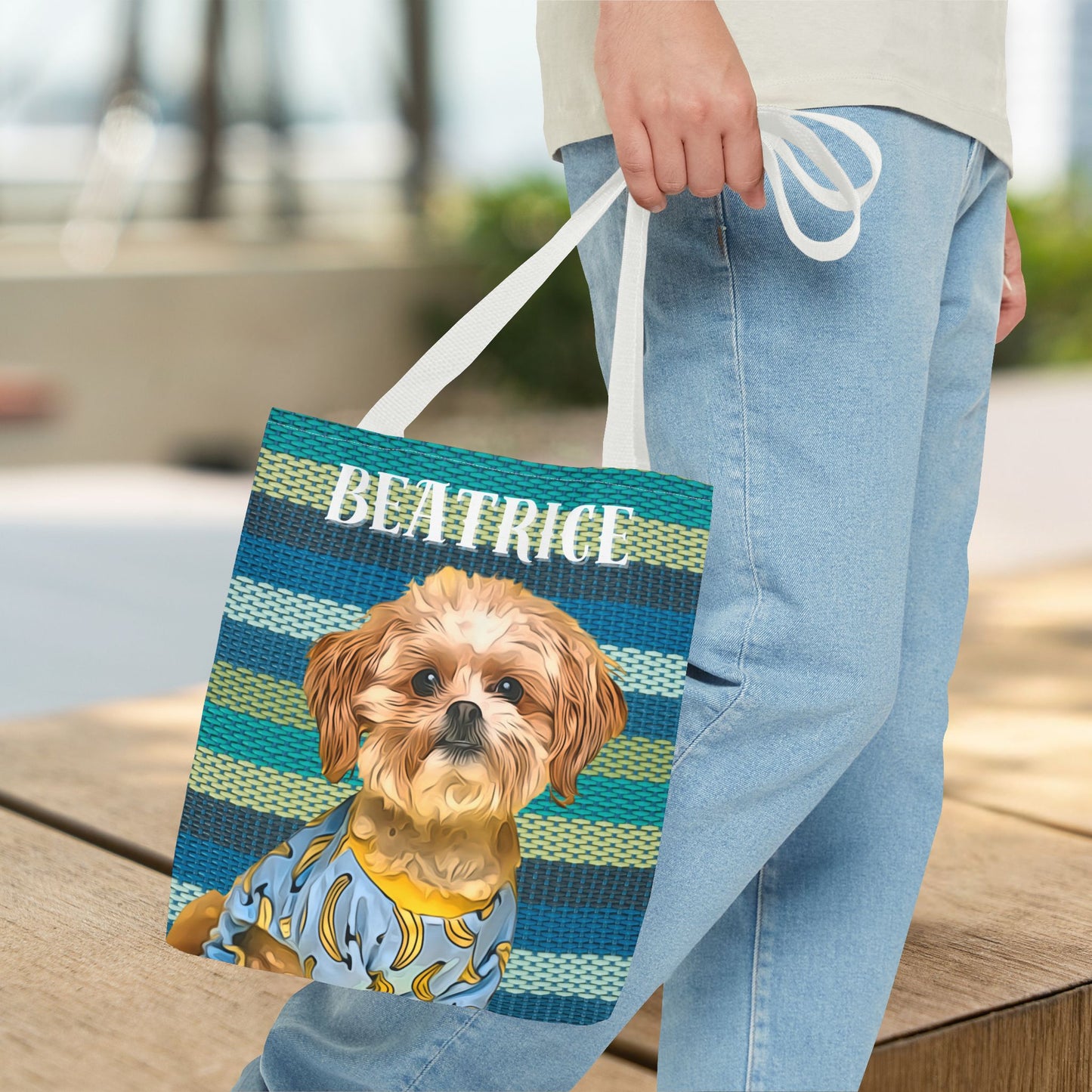 Custom Pet Portrait Tote Bag (Green Stripes Style) - furevermama