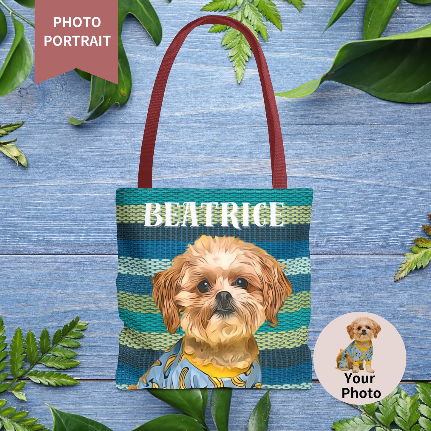 Custom Pet Portrait Tote Bag (Green Stripes Style) - furevermama