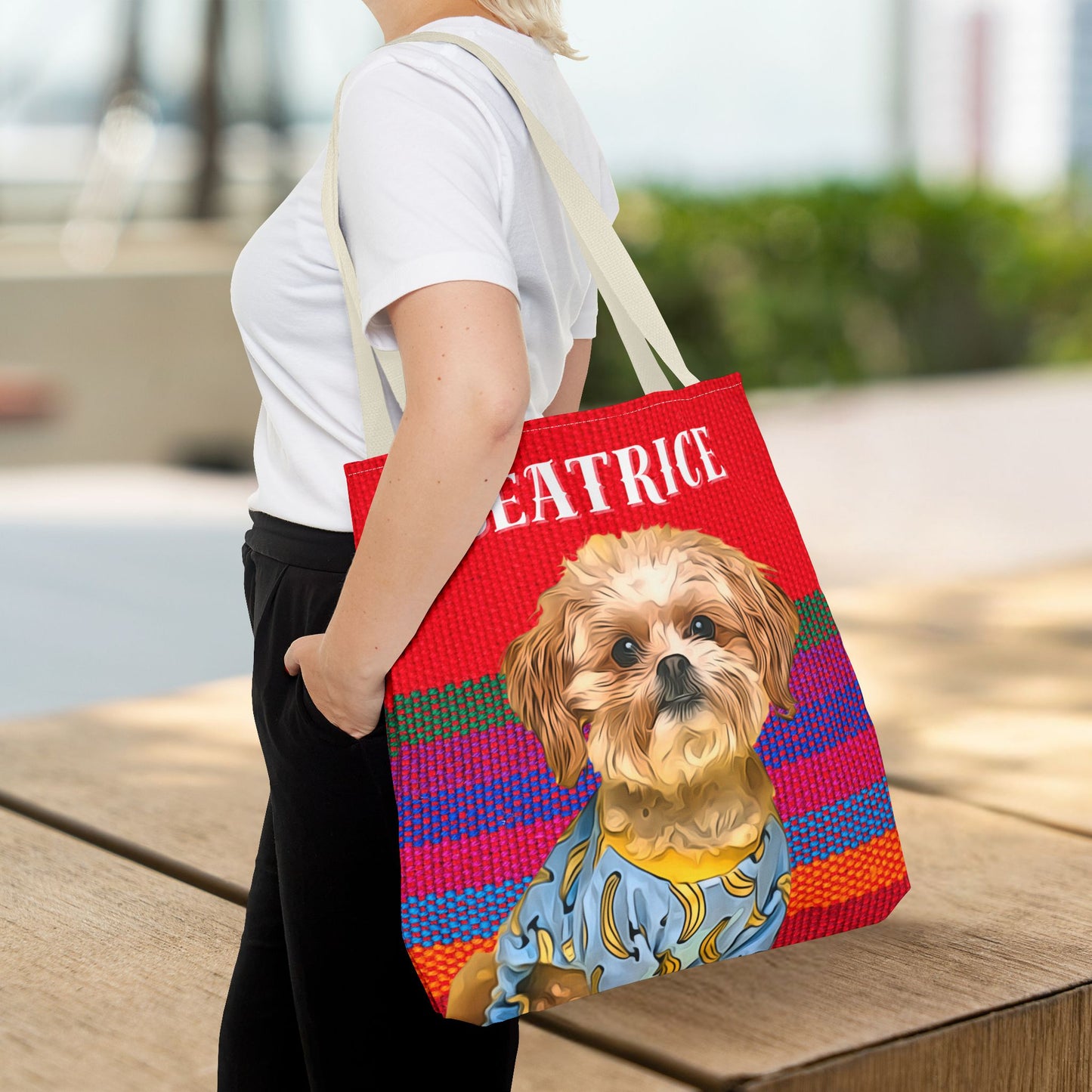 Custom Pet Portrait Tote Bag (Red Stripes Style) - furevermama
