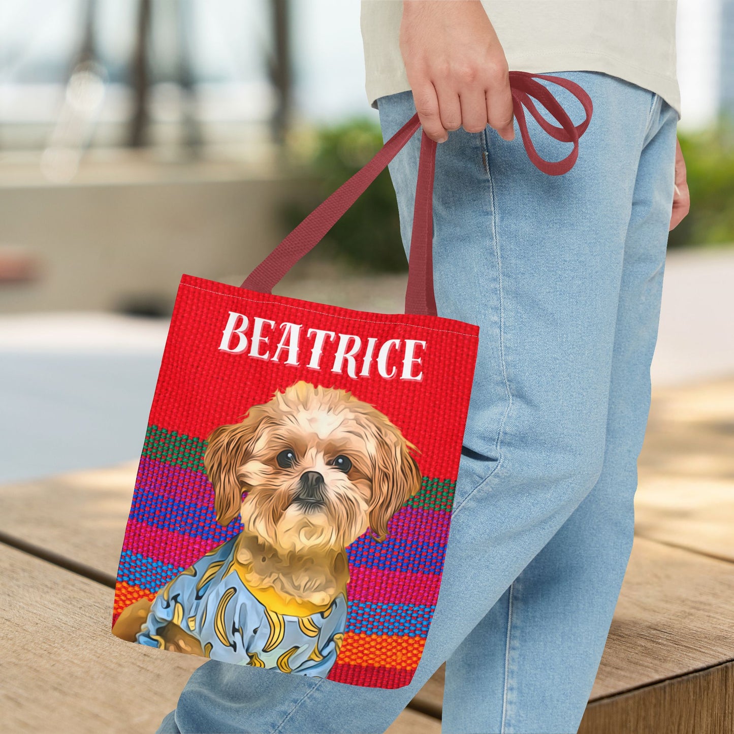 Custom Pet Portrait Tote Bag (Red Stripes Style) - furevermama
