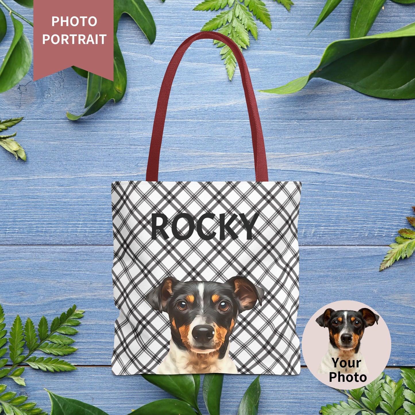 Custom Pet Portrait Checked Tote Bag - furevermama