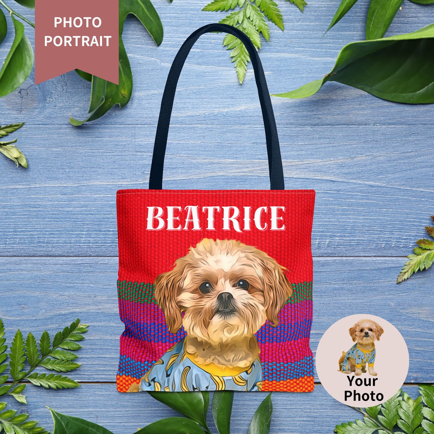 Custom Pet Portrait Tote Bag (Red Stripes Style) - furevermama