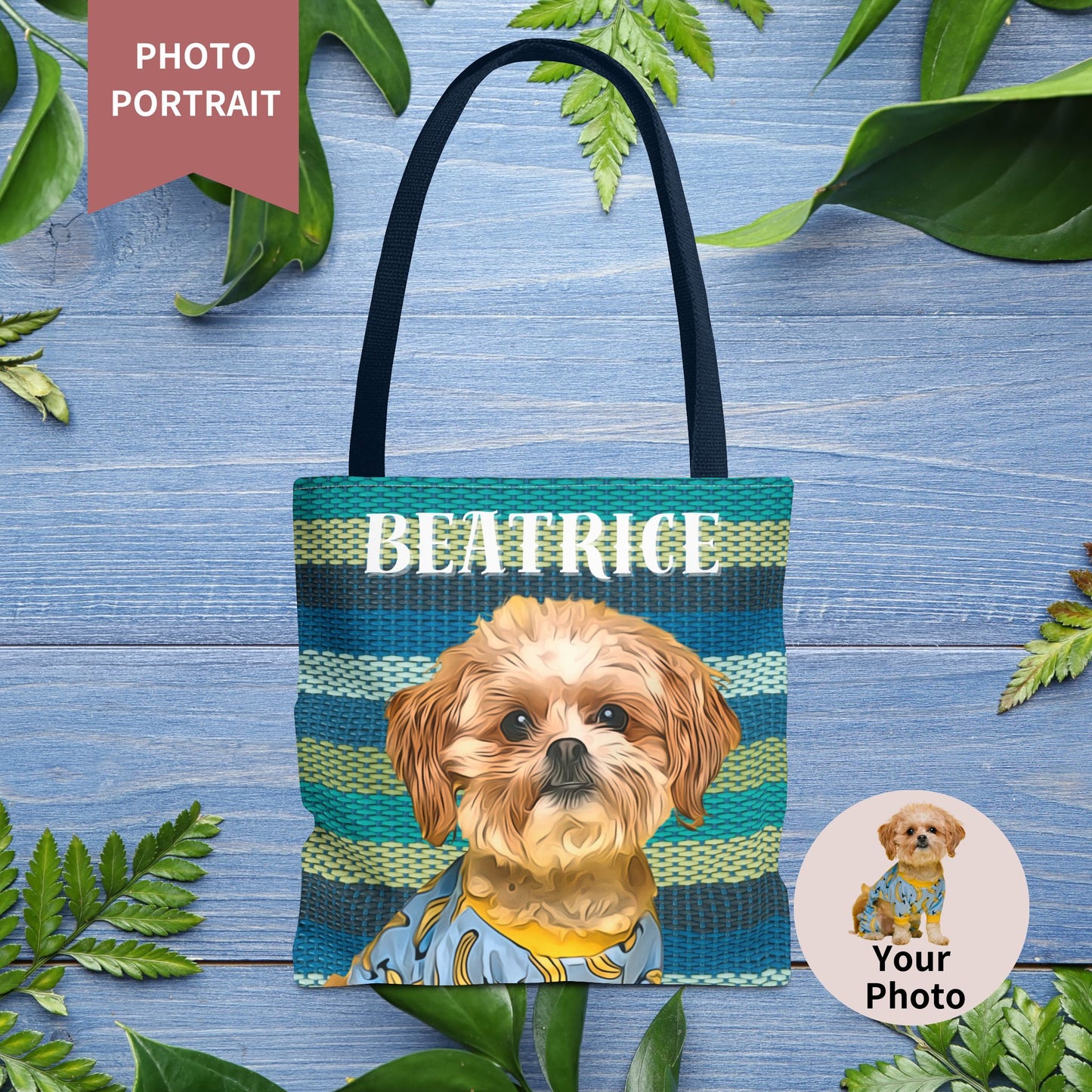 Custom Pet Portrait Tote Bag (Green Stripes Style) - furevermama