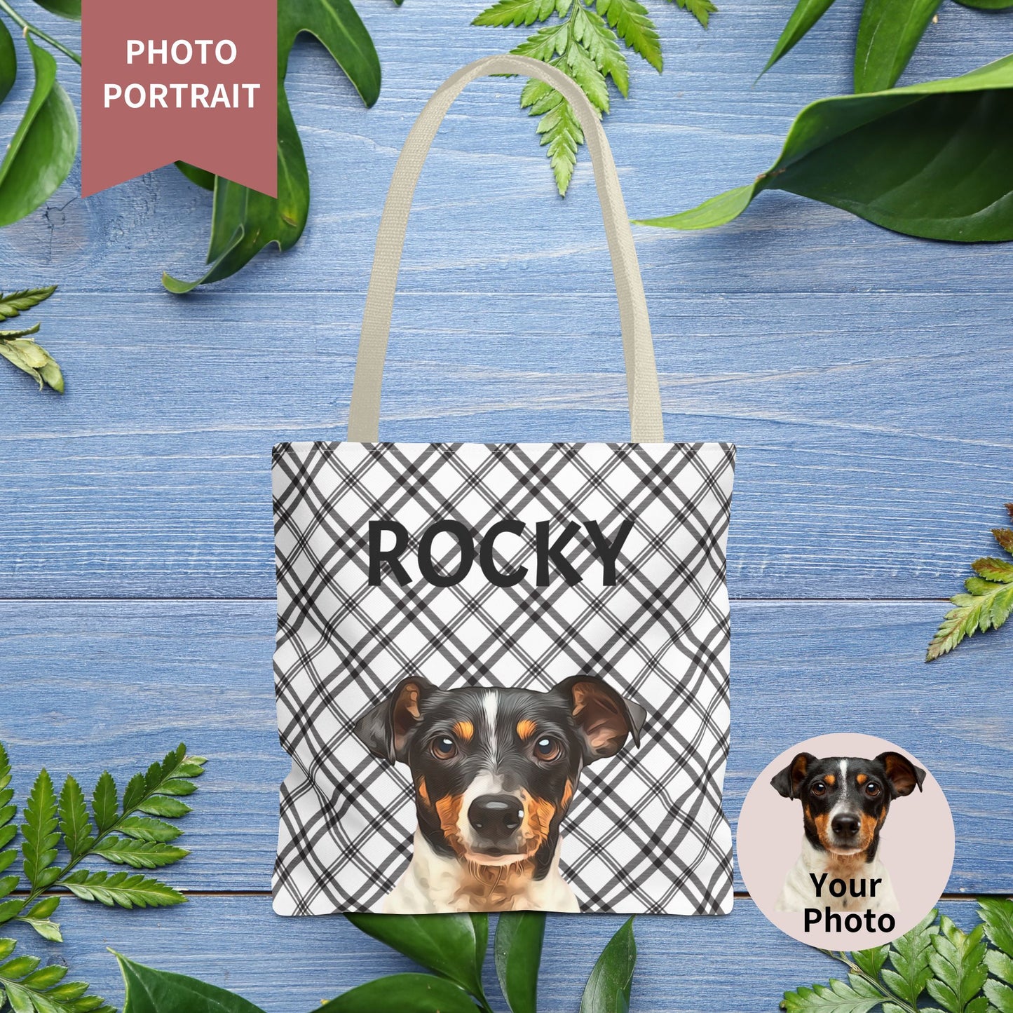 Custom Pet Portrait Checked Tote Bag - furevermama