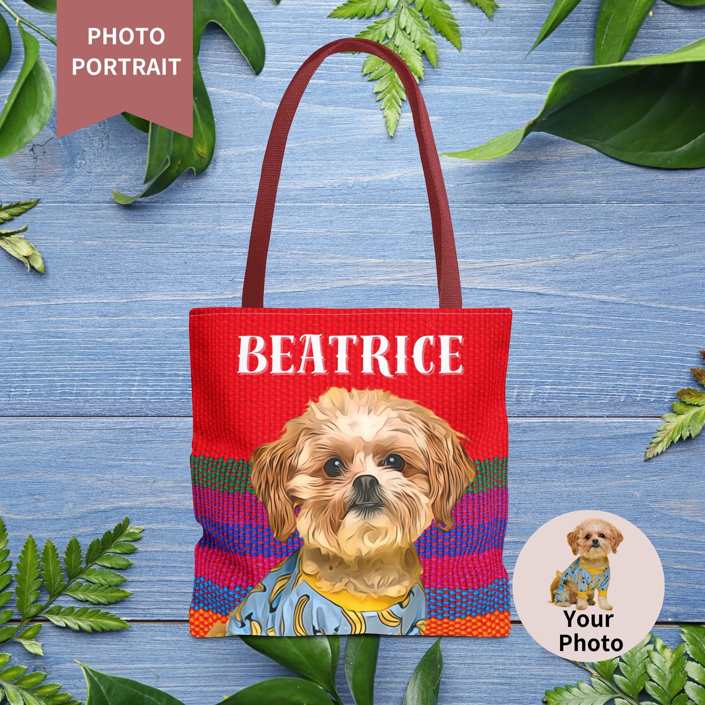 Custom Pet Portrait Tote Bag (Red Stripes Style) - furevermama
