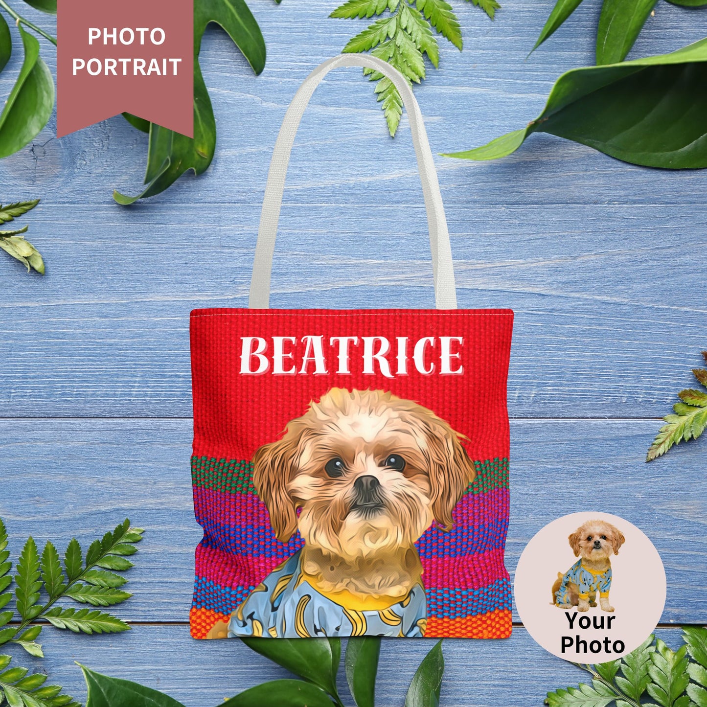 Custom Pet Portrait Tote Bag (Red Stripes Style) - furevermama