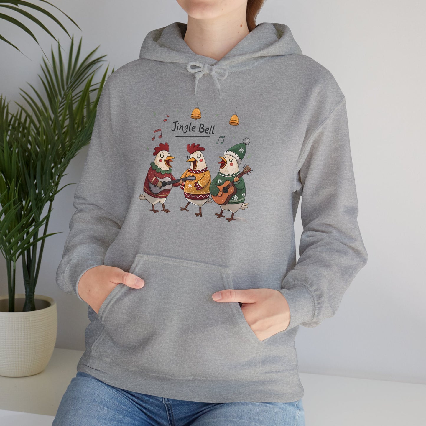 Hoodie with Three Hens Playing Guitars Saying Jingle Bell - furevermama