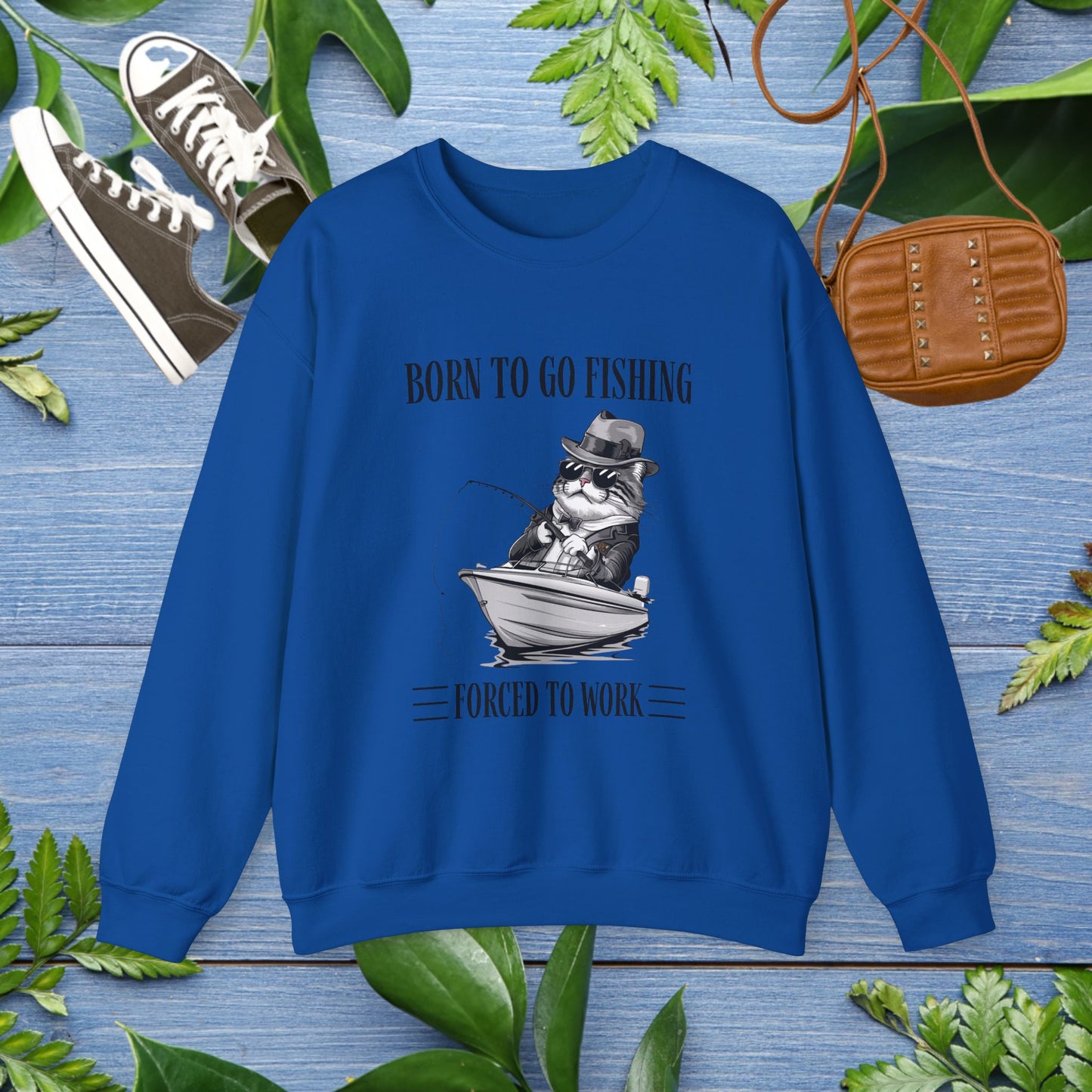Born To Go Fishing Crewneck Sweatshirt, Cat Lover Fishing Lover Sweatshirt - furevermama