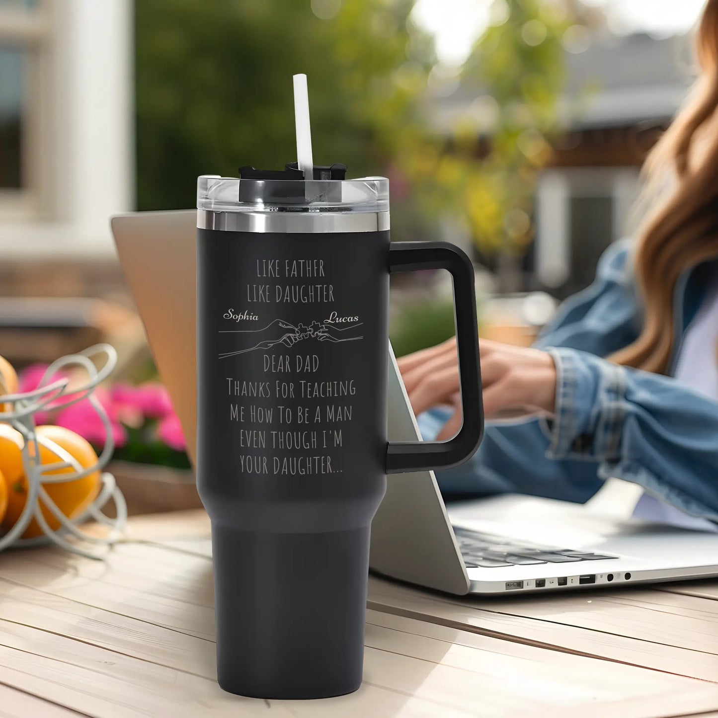 Like Father Like Daughter Custom Name 40oz Stainless Steel Tumbler Travel Mug with Handle and Straw