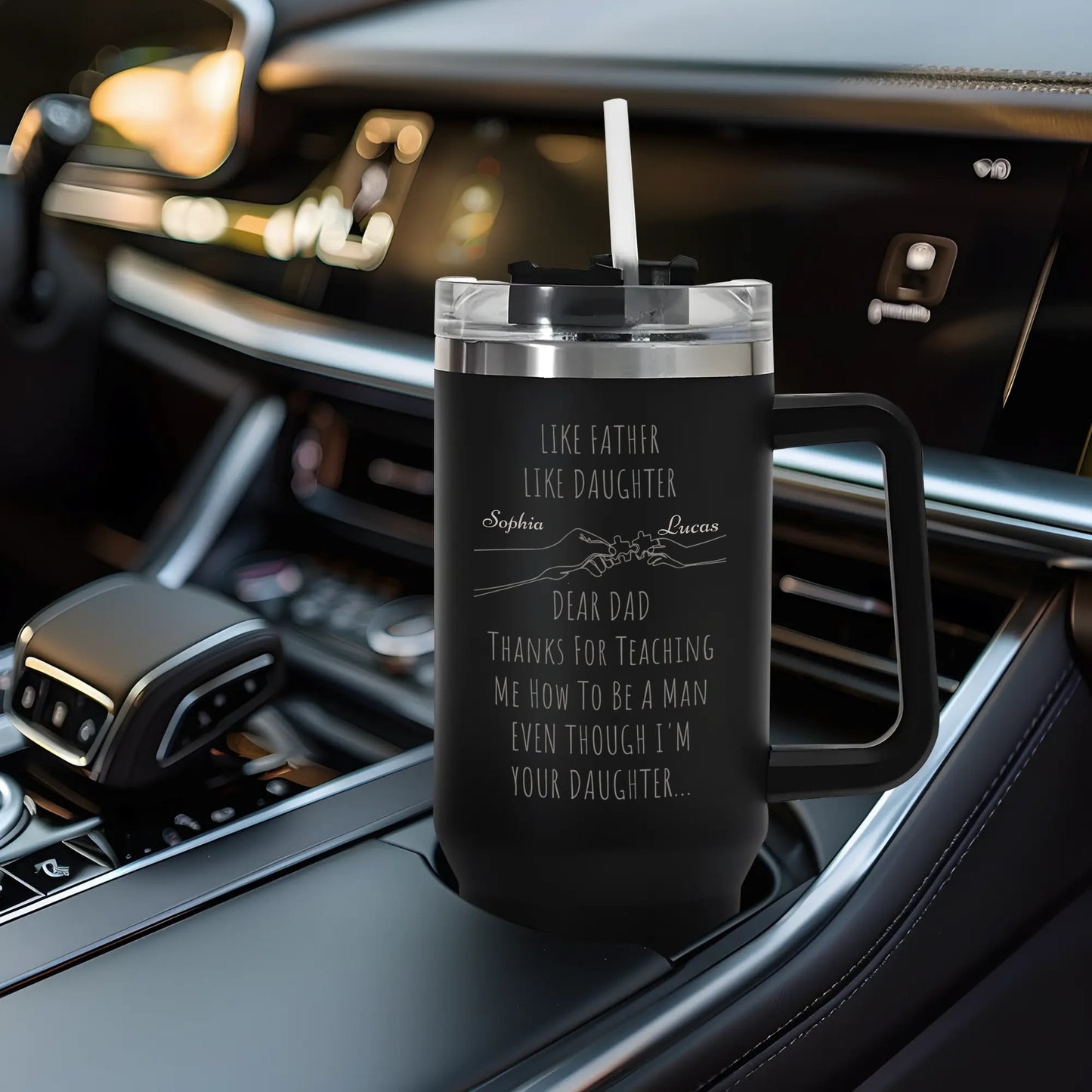 Like Father Like Daughter Custom Name 40oz Stainless Steel Tumbler Travel Mug with Handle and Straw
