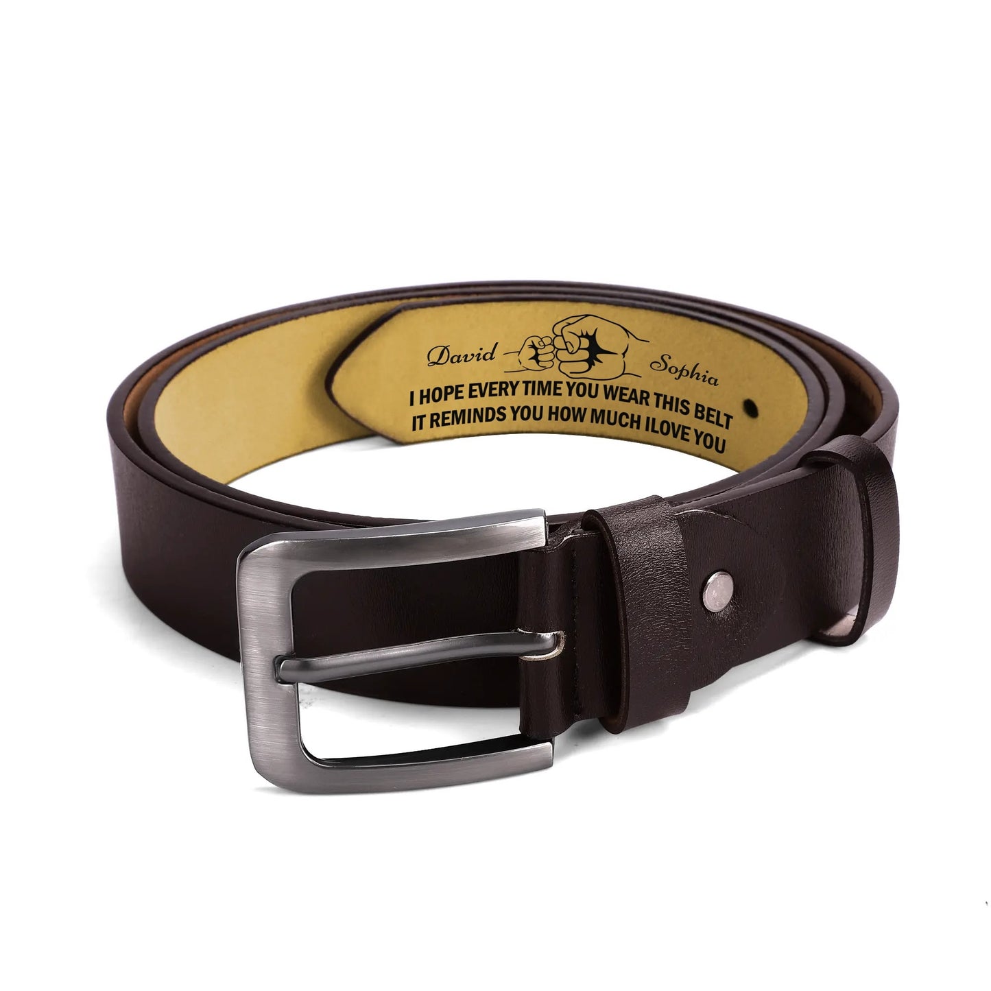 Father and Kids' Hands - Brown Leather Engraved Belt - Personalized Gift For Father