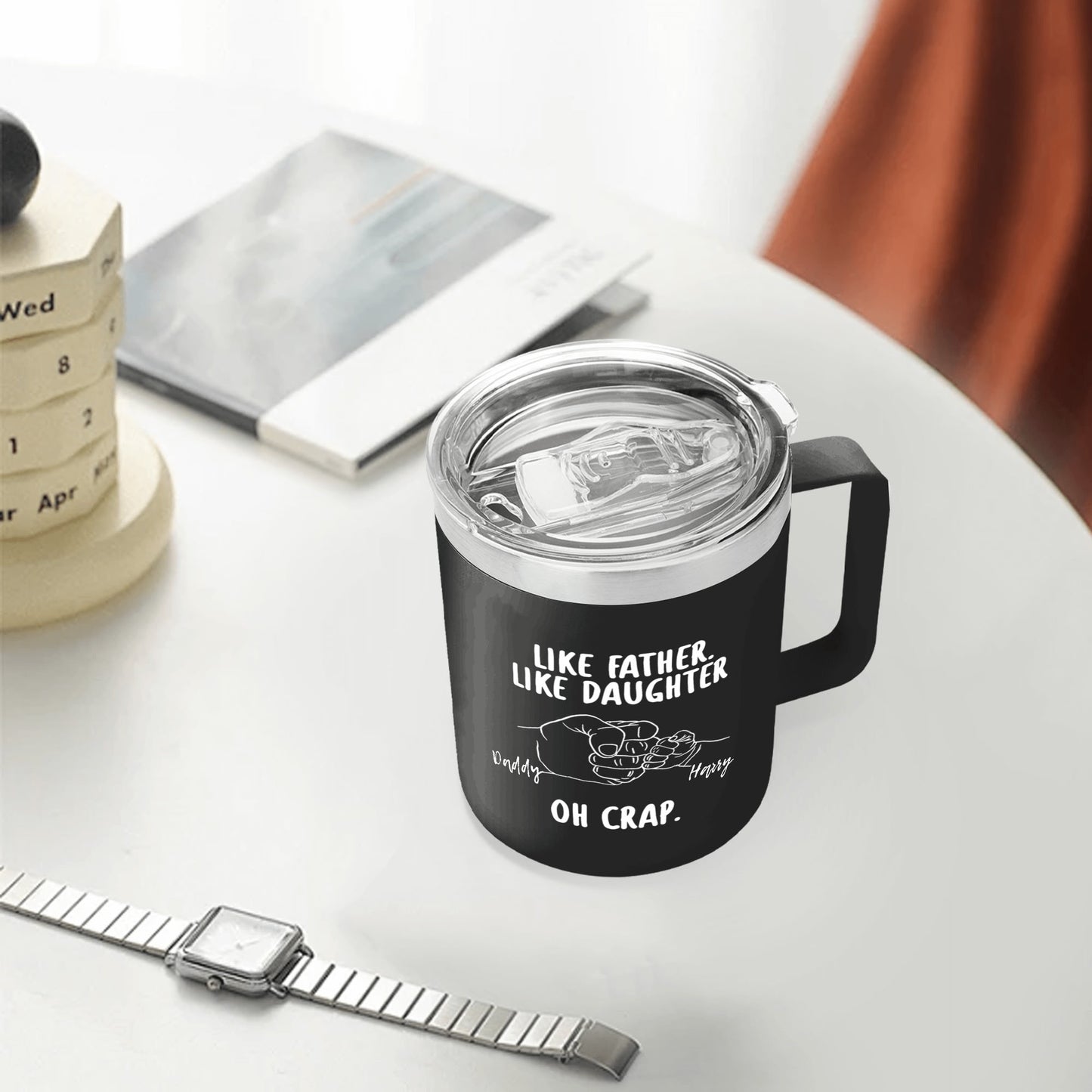 Like Father Like Daughter Custom 12oz Stainless Steel Coffee Mug Coffee Cup with Lid and Handle - Gift To Dad