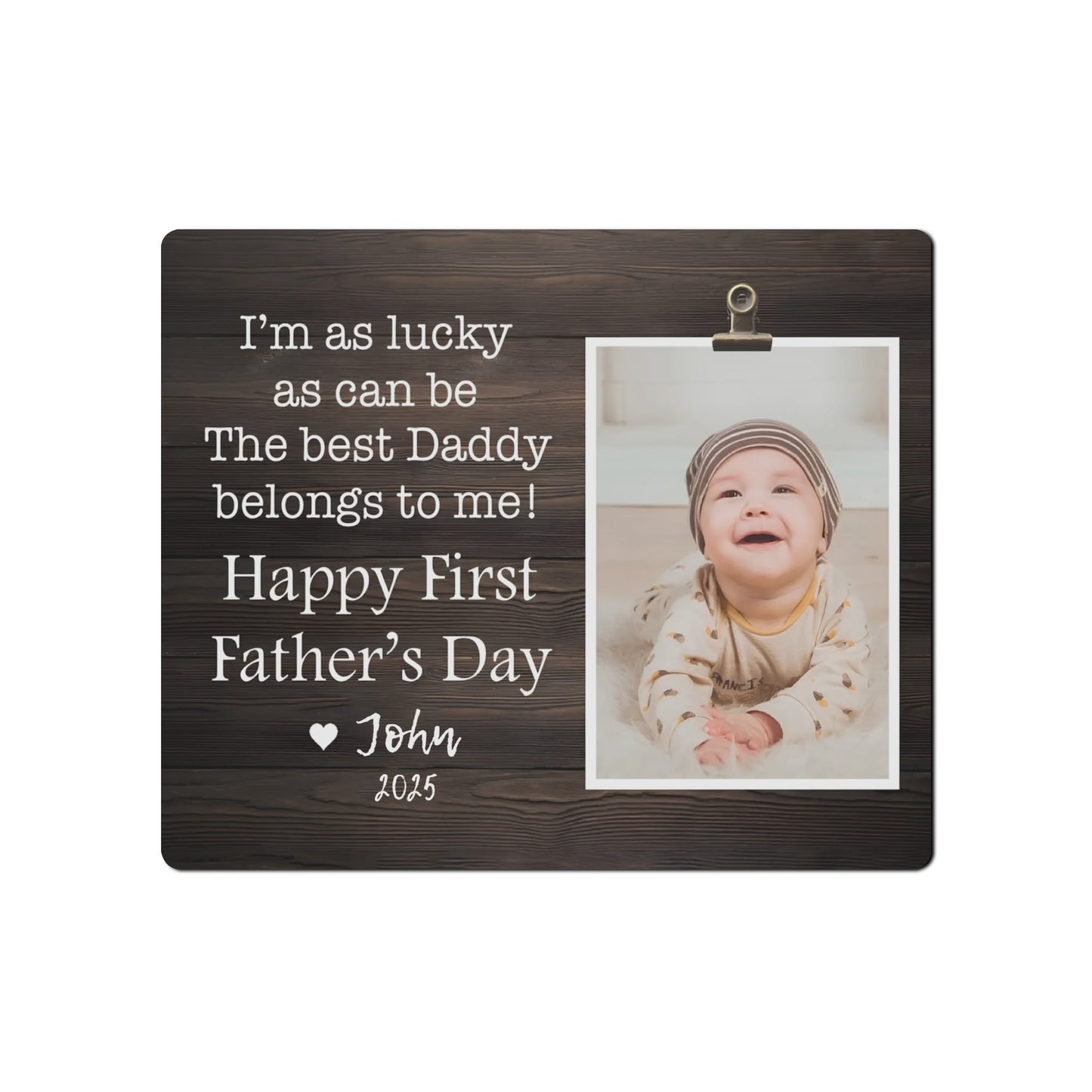 Lucky Baby And First Father's Day - Personalised Horizontal 7" x 6" Wood Photo Frame