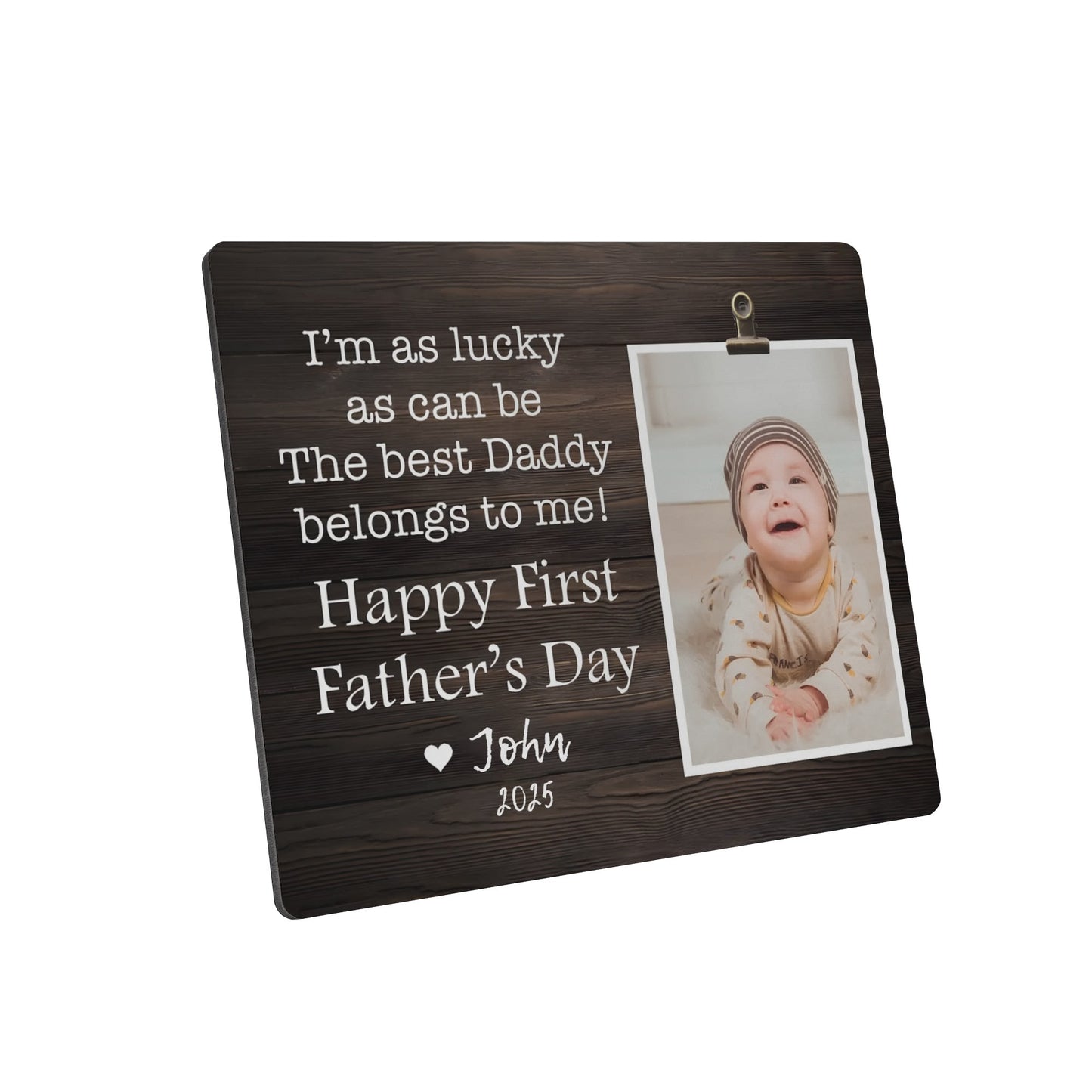 Lucky Baby And First Father's Day - Personalised Horizontal 7" x 6" Wood Photo Frame