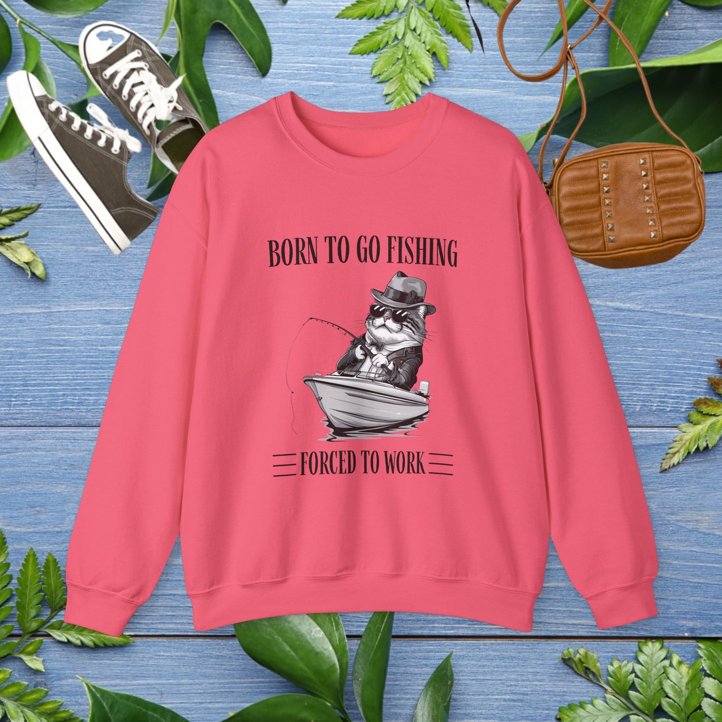 Born To Go Fishing Crewneck Sweatshirt, Cat Lover Fishing Lover Sweatshirt - furevermama