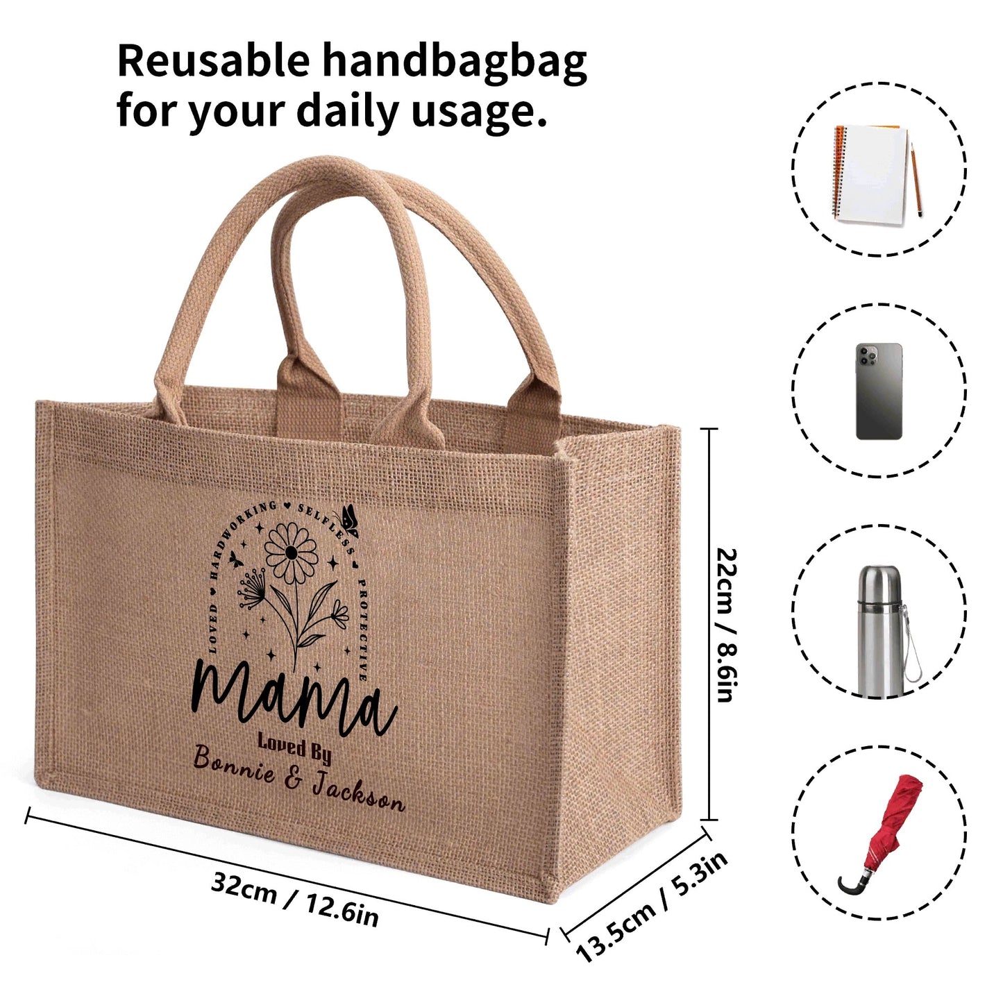 Custom Reusable Jute Burlap Tote Bag - For Mama