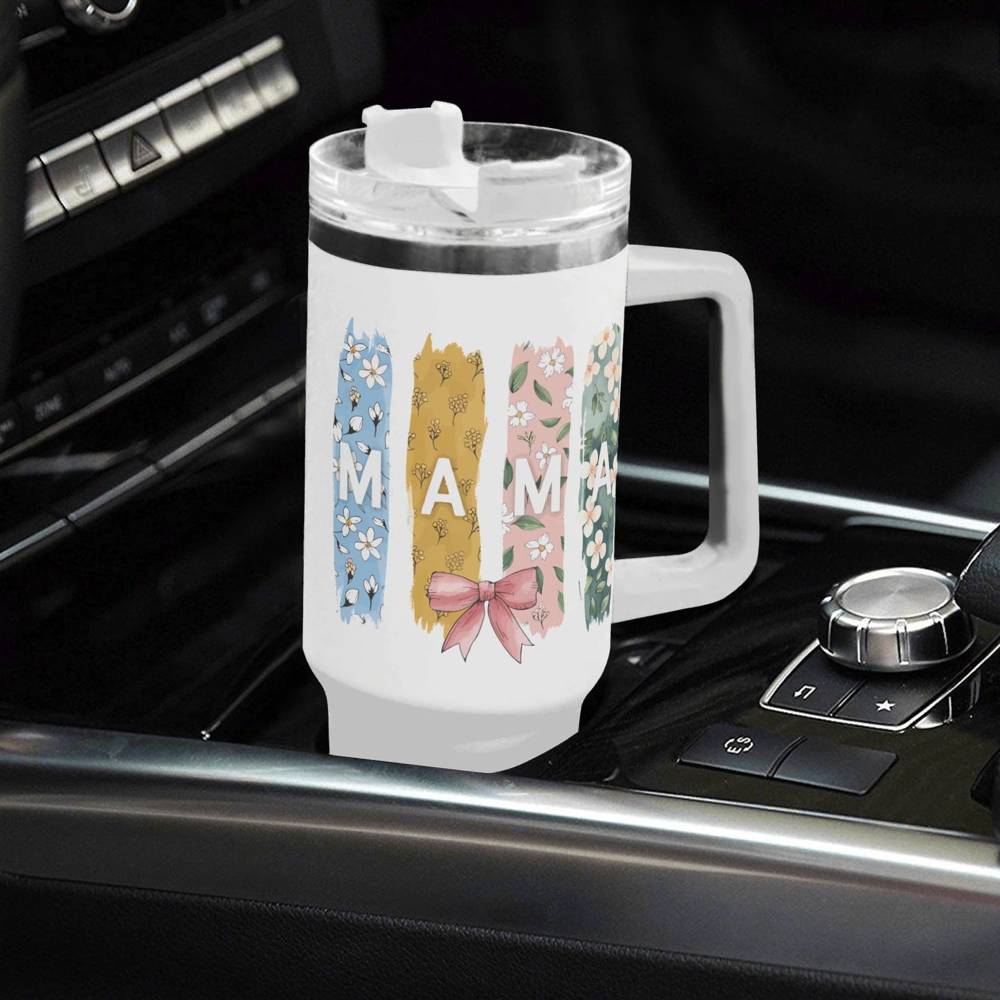 Mama Personalised Color 40oz Stainless Steel Tumbler Gift With White Handle and Straw