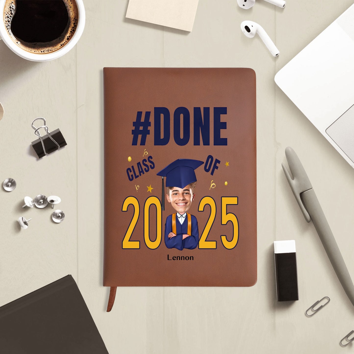 Custom 2 Sides Print PU Black and Brown Notebook - For Class 2025 Graduates - Custom Photo Gift