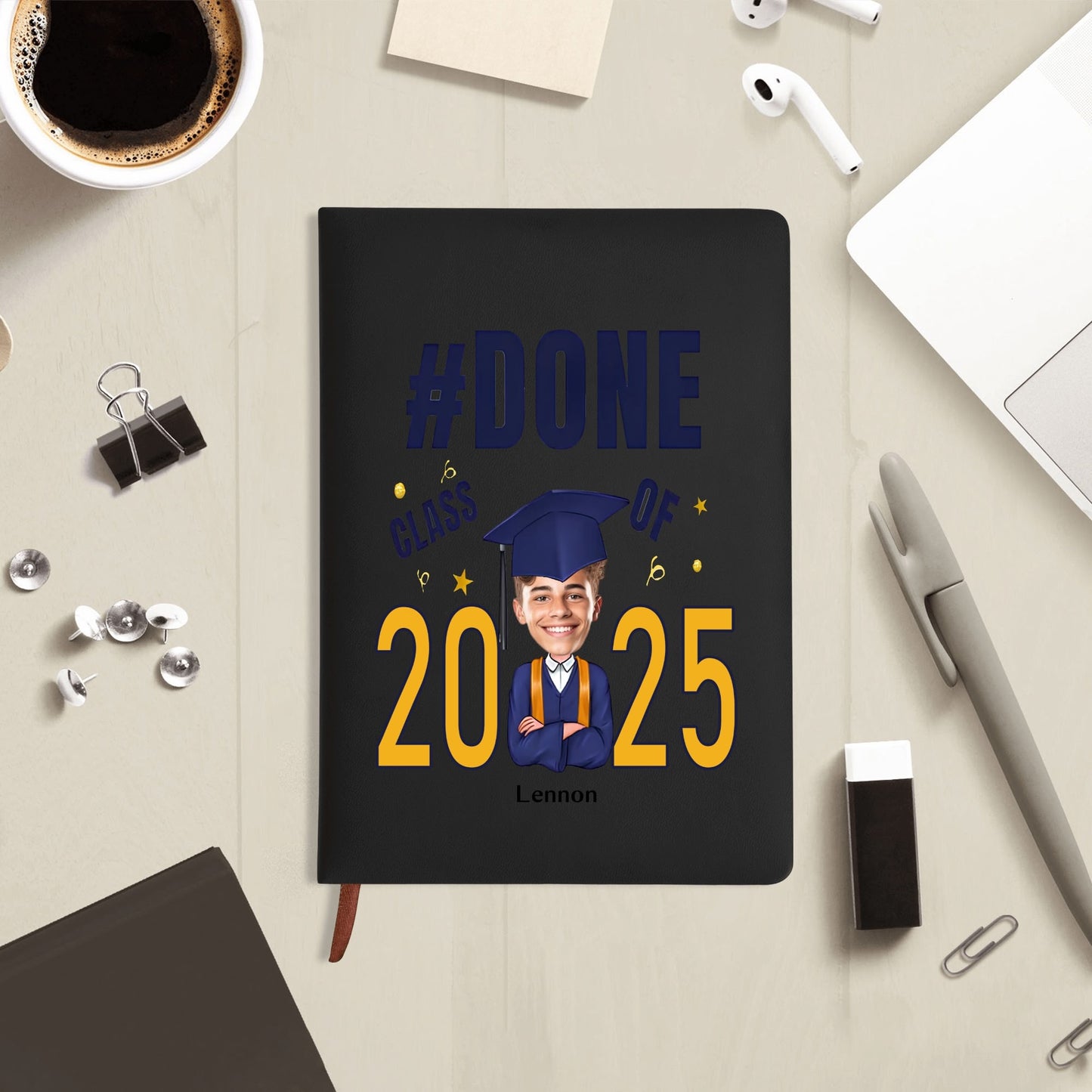 Custom 2 Sides Print PU Black and Brown Notebook - For Class 2025 Graduates - Custom Photo Gift