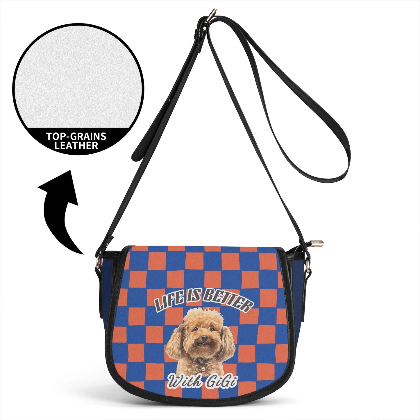 Custom Photo to Art Style - Custom Name New Version Top-grain Leather Saddle Bag