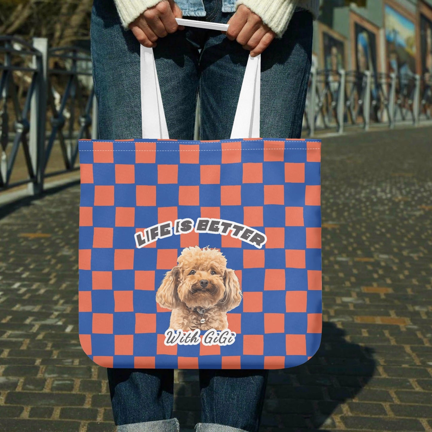 checked tote bag with custom photo in art style and custom name
