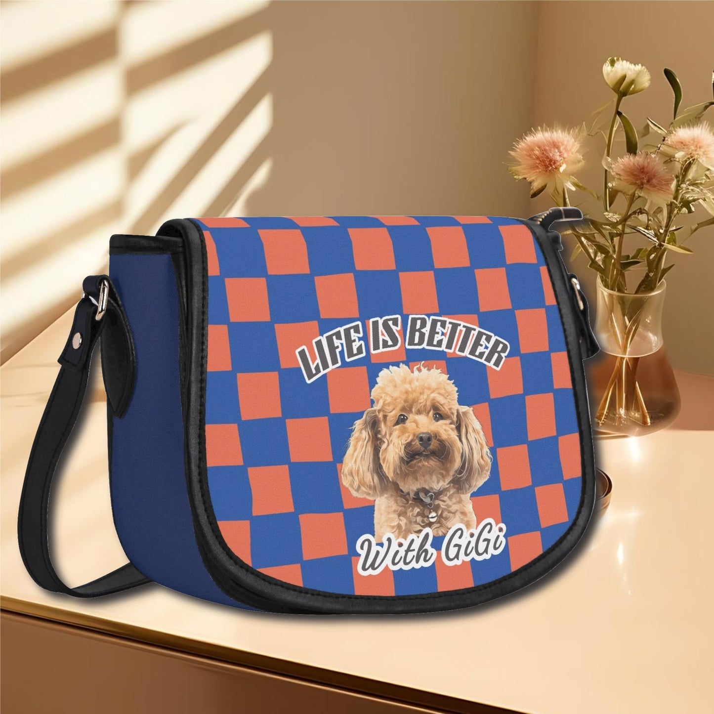Custom Photo to Art Style Saddle Bag - Custom Name - Checkeredd Pattern Bag - Top Grain Leather
