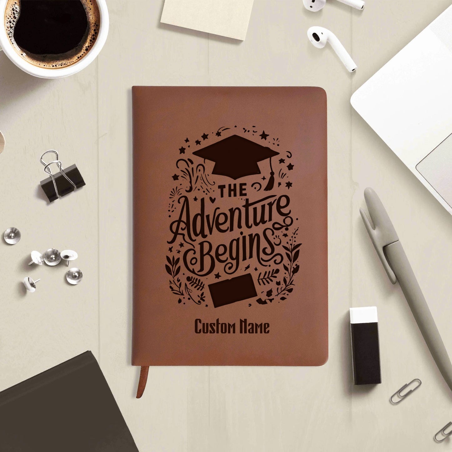 Adventure Begins Engraved Custom Name Brown Notebook Journals Diary Gift for Friends Family