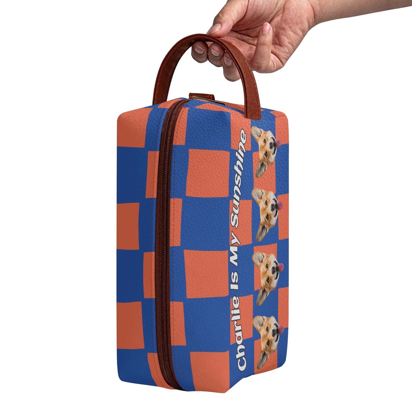 Custom photo to Art Style & Text - Travel PU Leather Toilettrie Bag Makeup Organizer - Welcome Pet or Human Photo