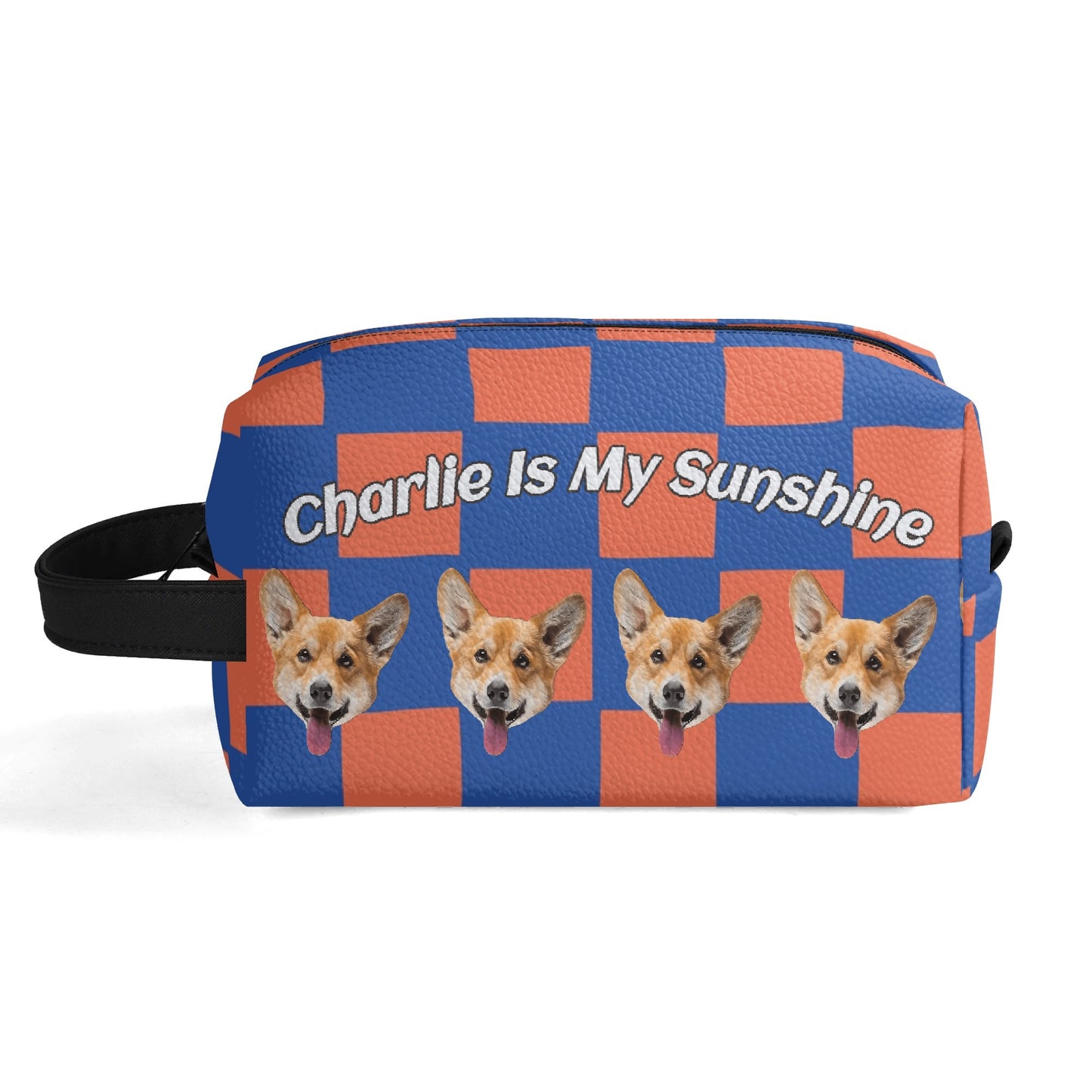 Custom photo to Art Style & Text - Travel PU Leather Toilettrie Bag Makeup Organizer - Welcome Pet or Human Photo