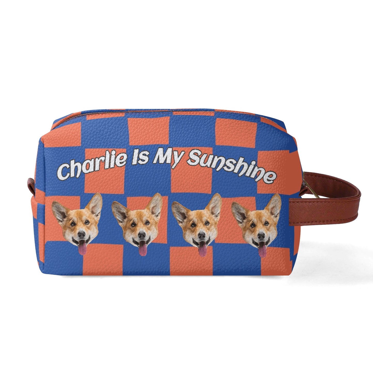 Custom photo to Art Style & Text - Travel PU Leather Toilettrie Bag Makeup Organizer - Welcome Pet or Human Photo