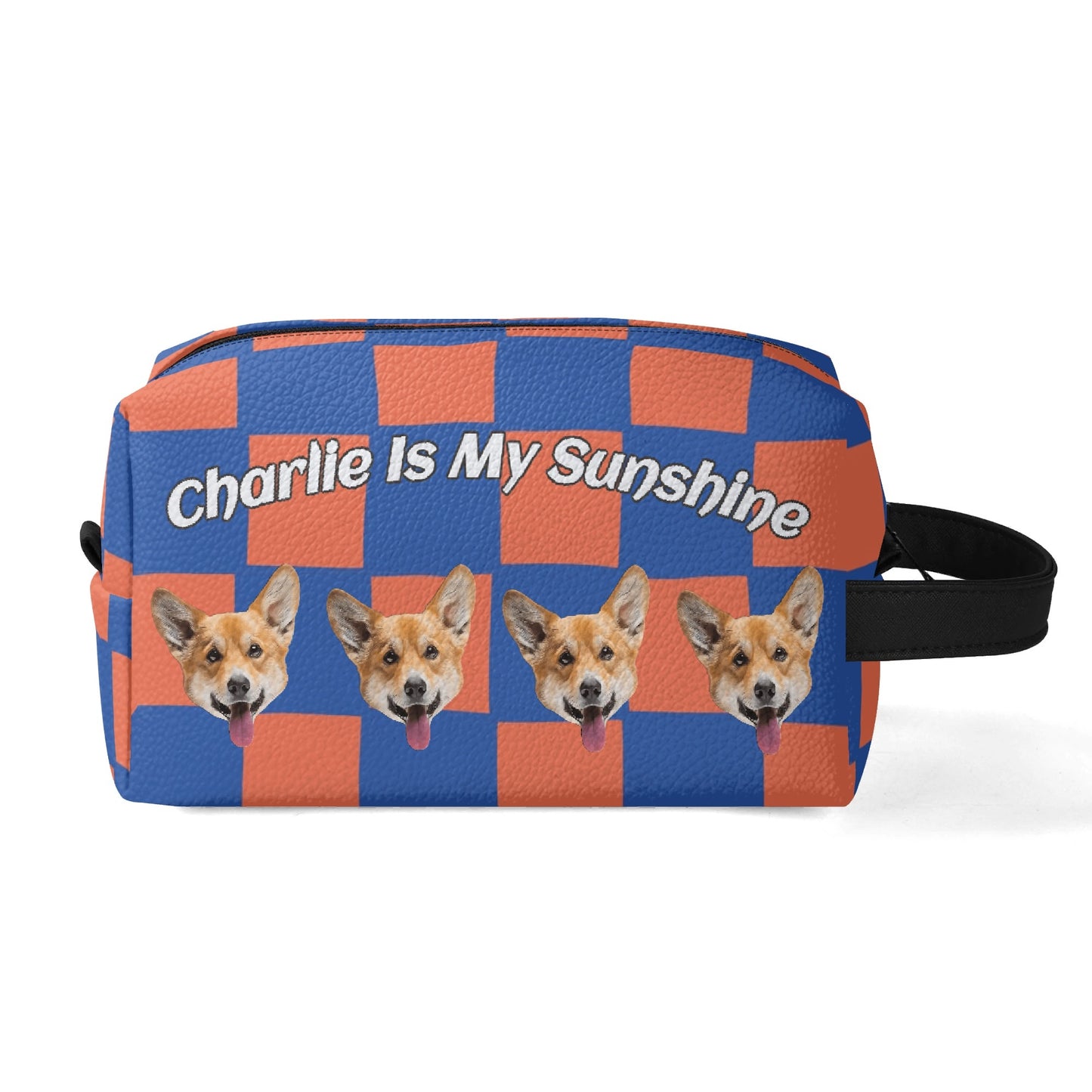 Custom photo to Art Style & Text - Travel PU Leather Toilettrie Bag Makeup Organizer - Welcome Pet or Human Photo
