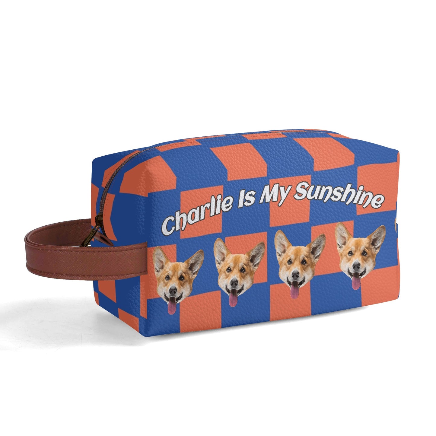 Custom photo to Art Style & Text - Travel PU Leather Toilettrie Bag Makeup Organizer - Welcome Pet or Human Photo
